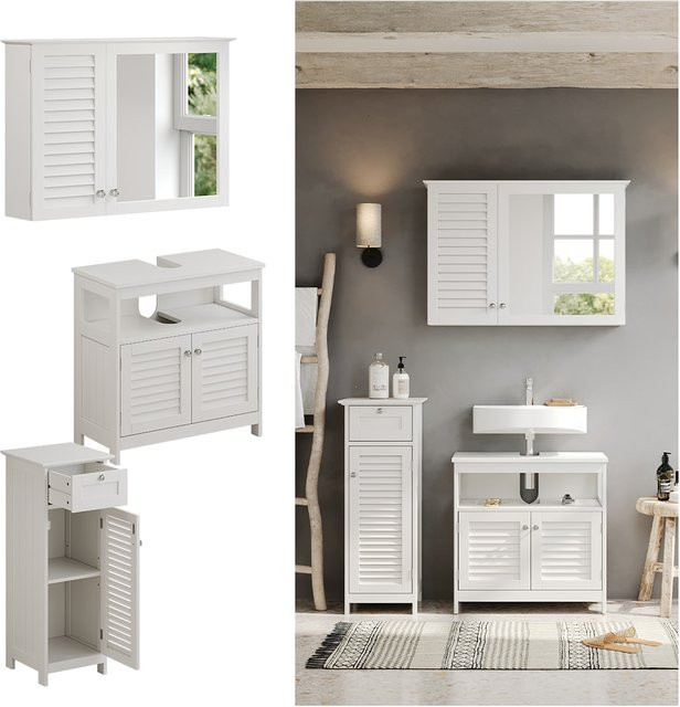 Vicco Badmöbel-Set Riad in Weiß, modernes 3-teiliges Badezimmer-Set mit Spiegelschrank, Waschtischunterschrank und Midischrank aus lackiertem MDF - Bild 2