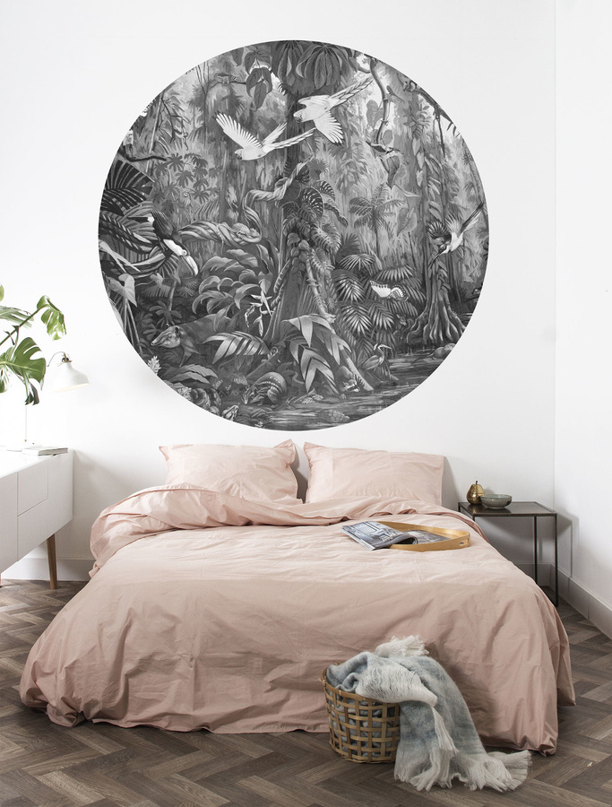 KEK Amsterdam Mural Tropical Landscapes 3 Circle Wandbild in Schwarz Weiß Grau, Durchmesser: 190 cm - Bild 1