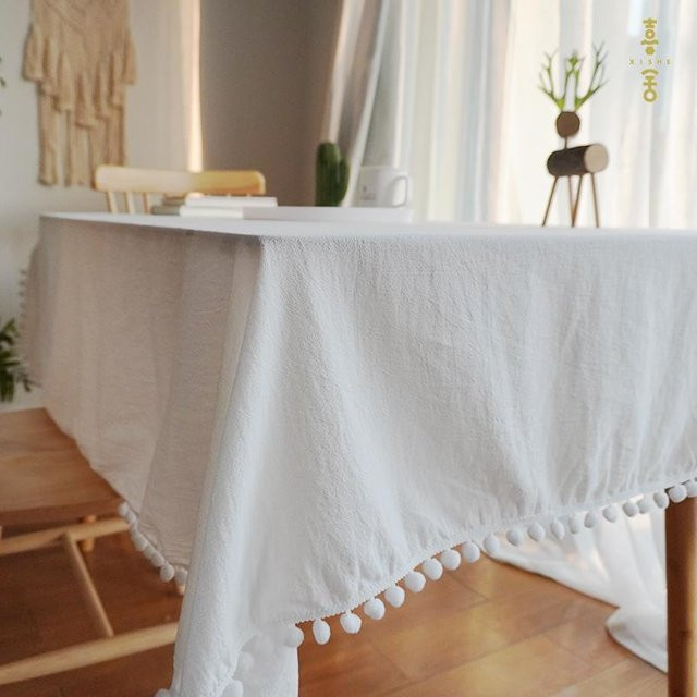 Waschbare Baumwoll-Tischdecke mit Quasten in Weiß für Hochzeiten und Bankette, B/L: 140 x 200 cm - Bild 1