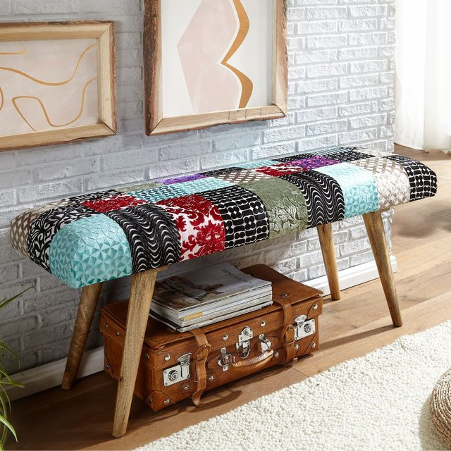 Moderne Polsterbank FineBuy in Patchwork-Design aus Samt und Massivholz, Farbe Multicolour, Breite: 117 cm - Bild 1