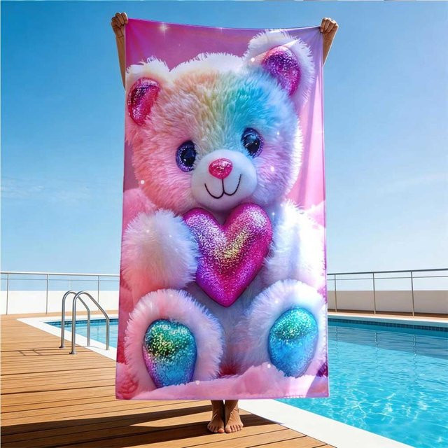 JMG Household Supplies Strandtuch mit Plüsch-Teddybär-Motiv, Regenbogenmuster und Glitzerherz, Multicolour, B/T: 70 x 140 cm - Bild 1