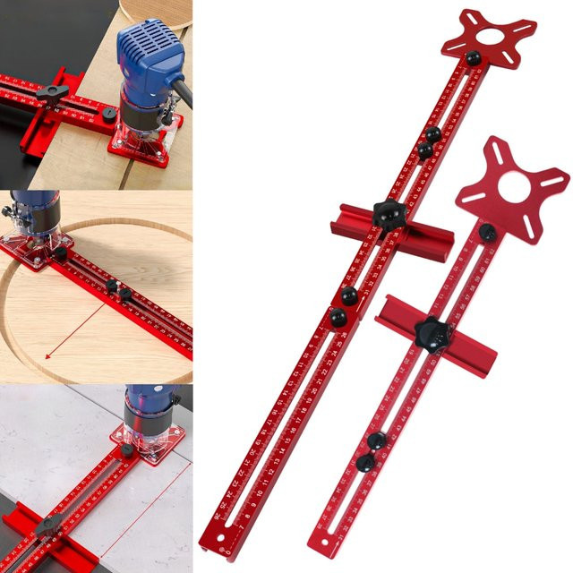 FNICEL 3-in-1 Fräser-Rillenhalterung aus Aluminium für Holzarbeiten, Kreisschneidvorrichtung mit Radius von 9 bis 61 cm, Farbe: Silber/Rot - Bild 1