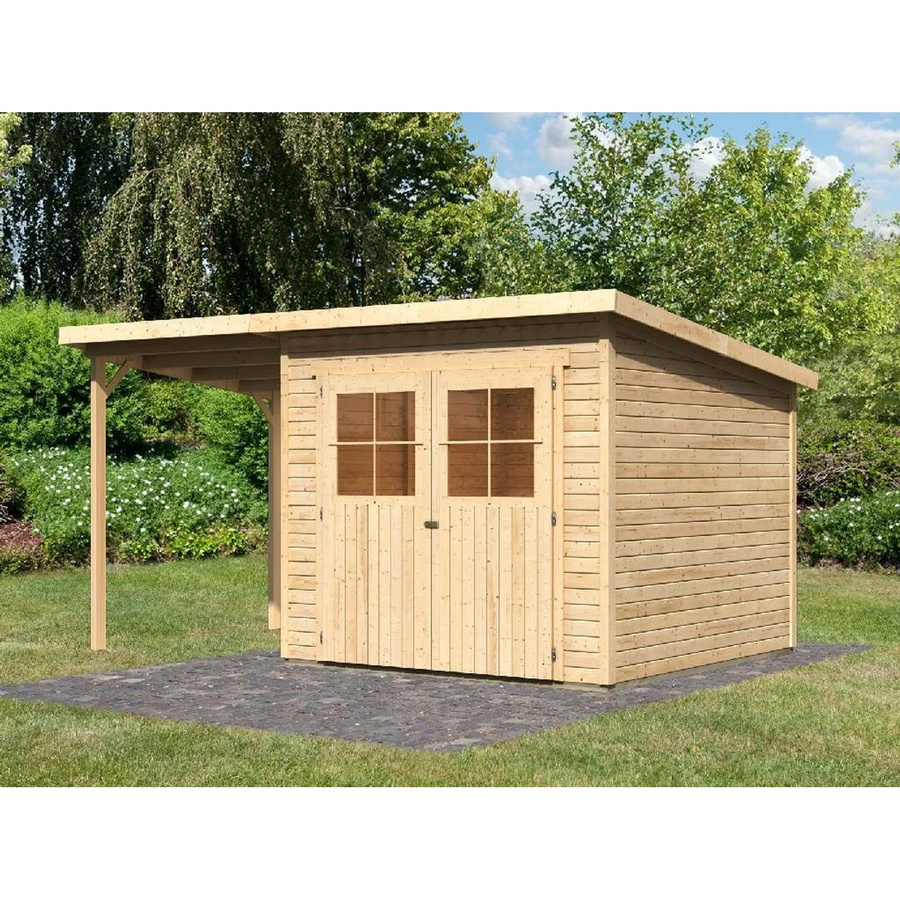 Karibu Gartenhaus Glücksberg mit Anbaudach in Natur/Braun, Wandstärke 19 mm, B/T/H: 439 x 236 x 220 cm - Bild 2