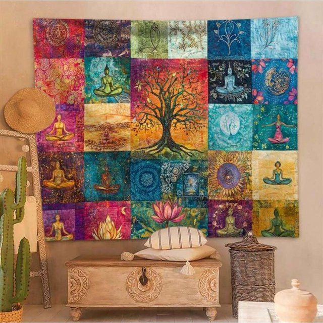 VIKAMA Baum des Lebens Meditations-Collage Wandteppich im Bohemian Yoga Zen Stil, Mehrfarbig - Bild 1