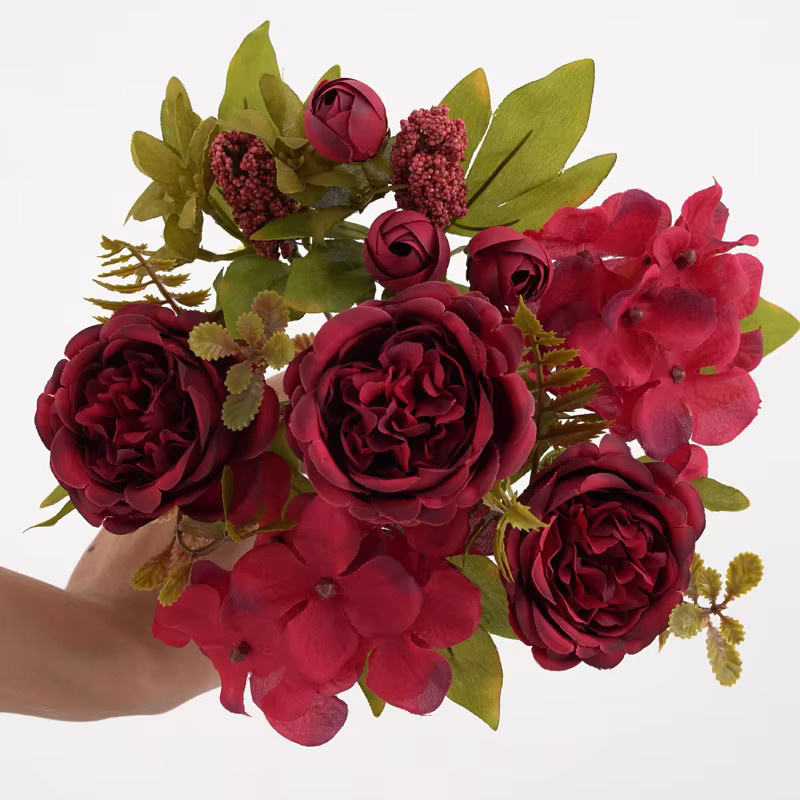 Künstliche Blumen-Girlande aus Seidenhortensien und Rosen in Orange und Rot für Hochzeit, Garten und Home Decor - Bild 2