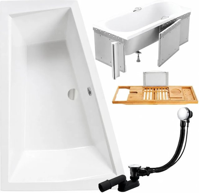 KOLMAN Eckbadewanne links in Weiß aus Acryl mit Styroporverkleidung, Bambus-Badewannenablage, Ablauf und Füßen, B/T: 180 x 125 cm - Bild 1