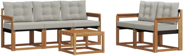 vidaXL Outdoor-Sofagarnitur 6-teilig aus Akazienholz und Textilene in Natur und Hellgrau mit Kissen und Armlehnen - Bild 1