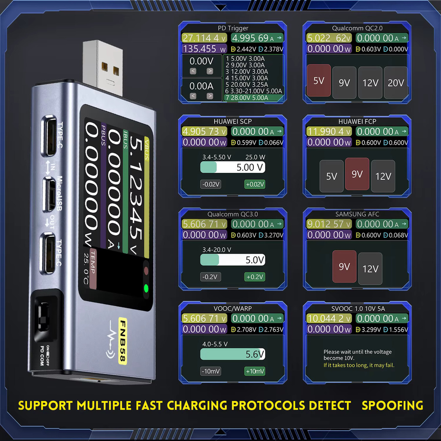 FNIRSI FNB58 USB-Tester mit Typ C Anschluss für Voltmeter, Amperemeter, Schnellladungserkennung und Kapazitätsmessung - Bild 3
