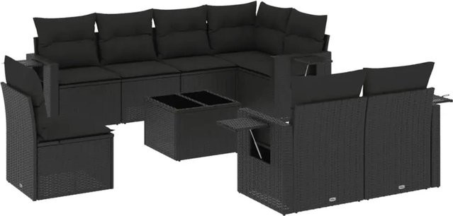 vidaXL 9-tlg. Garten-Sofagarnitur in L-Form aus schwarzem PE-Rattan mit Kissen und pulverbeschichtetem Stahlgestell - Bild 1