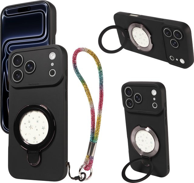 EAACAA Leder-Handyhülle für iPhone mit leuchtendem Ringhalter, Kameraschutz und Umhängeband in Schwarz oder Rot - Bild 1