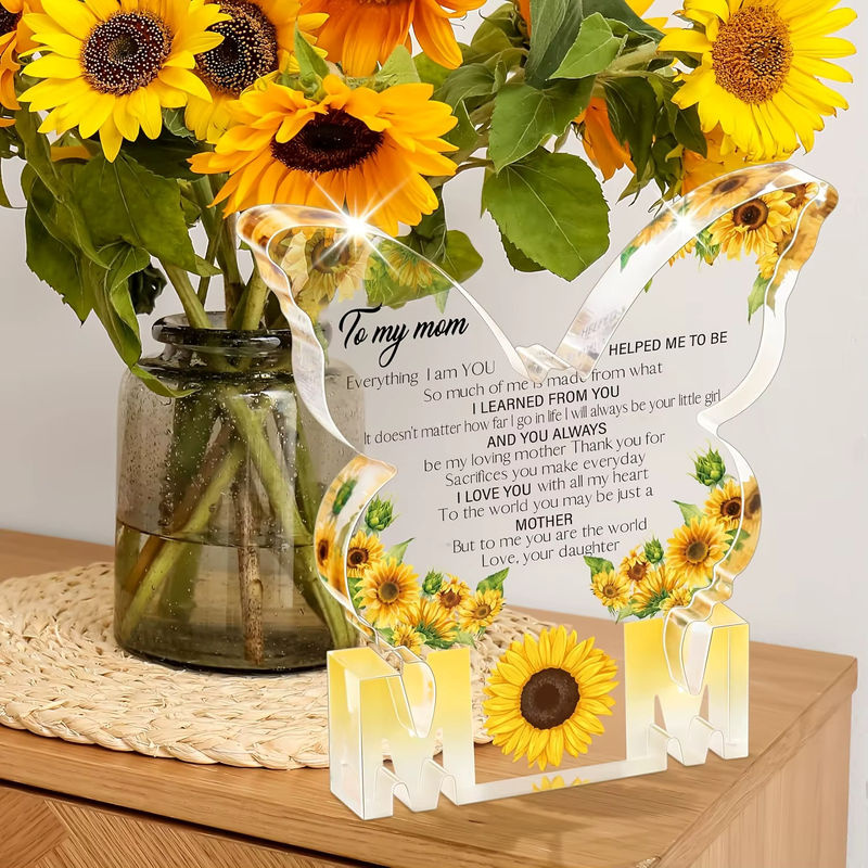 Sonnenblumen Acryl-Schild in Schmetterlingsform, gelbes florales Dekoschild aus Kunstharz für die Tischaufstellung - Bild 2