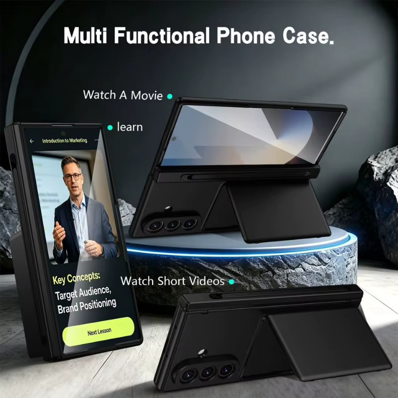 Samsung Handyhülle mit Kartenhalter, Scharnierschutz, Ständer, Stifthalter und Displayschutzfolie für Galaxy Z Fold 8 7 6 5 Wide Ultra in Schwarz oder Grau - Bild 2