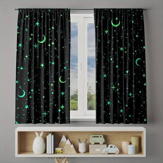 2er-Set Verdunkelungsvorhänge mit Mond- und Sternenmuster aus Polyester für Schlafzimmer und Wohnzimmer, Breite: 100 cm, Höhe: 70 cm - Bild 1