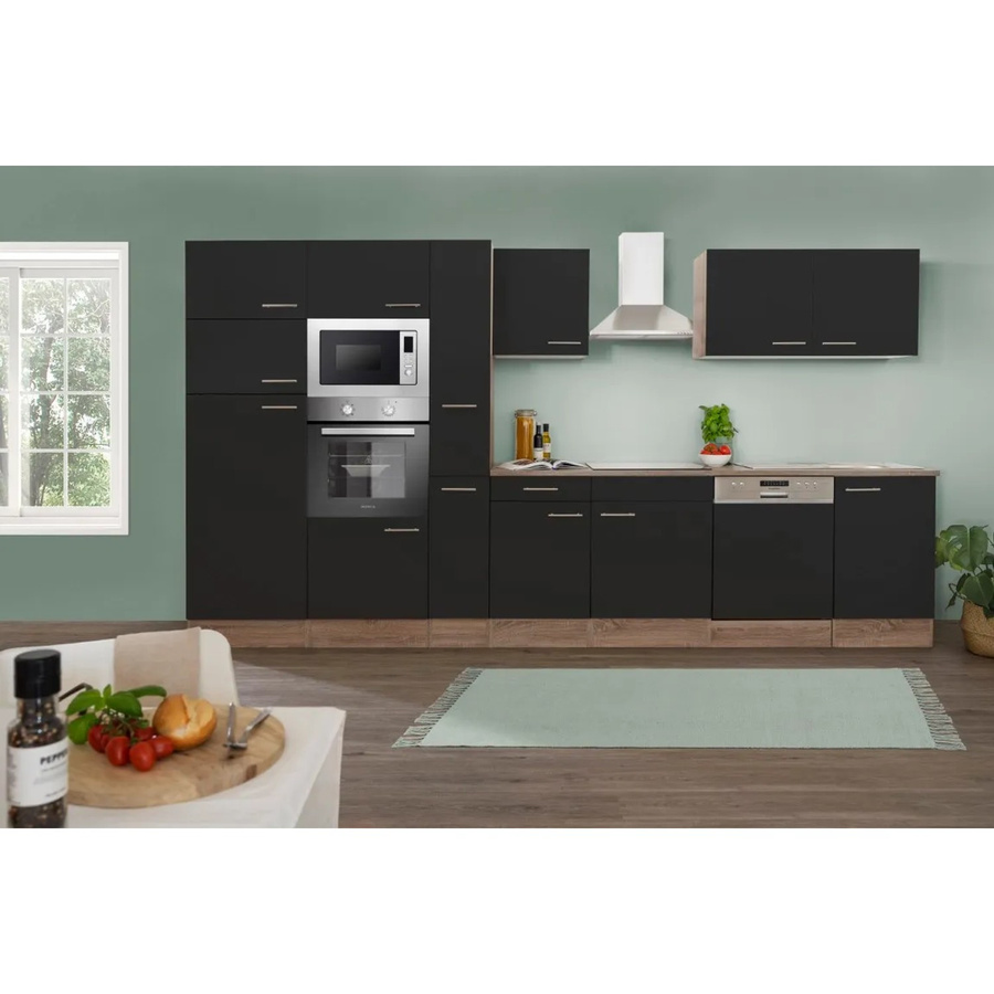 Respekta Küchenzeile KB370EYSMIGKE modern in Schwarz Seidenglanz mit Eiche-York Nachbildung, Breite: 370 cm, Höhe: 205 cm - Bild 2