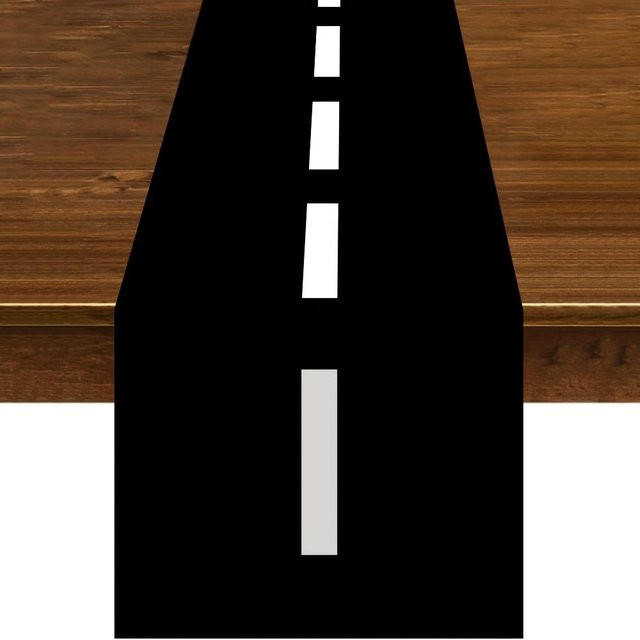 JINGYUE Pet Tischläufer aus Leinen in Schwarz Weiß mit Rennstrecken-Design, B/L: 33 x 150 cm - Bild 1