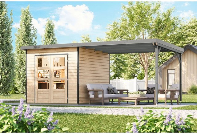 Karibu Gartenhaus Domingo 3 A mit Verlängerung in Natur-Grau aus Holz und Metall - Bild 1