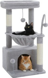 Pawz Road Kleiner Kratzbaum Grau mit Hängematte und integriertem Spielzeug aus Sisal, Höhe: 83 cm - Bild 1