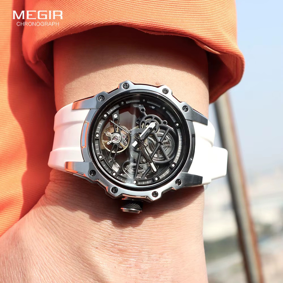 MEGIR Armbanduhr Automatik, Edelstahl, Silikonarmband, Weiß, Herren - Bild 3