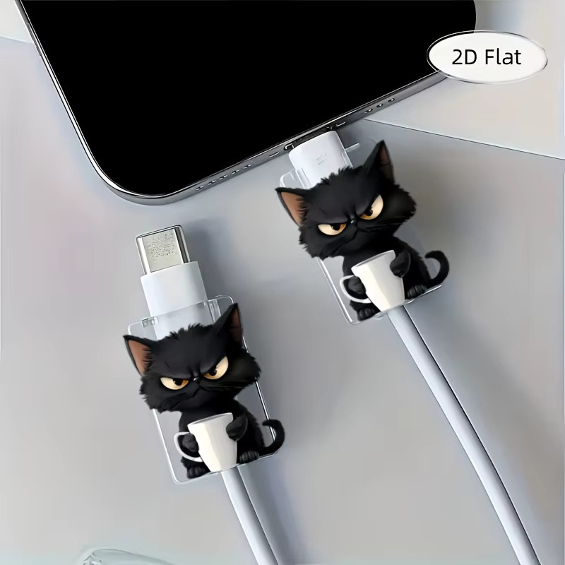 2 Stück Kabelschutz mit 2D-Katzenmuster in Schwarz für Typ-C Ladekabel, kratzfeste Kunststoff-Kabelhülle - Bild 2