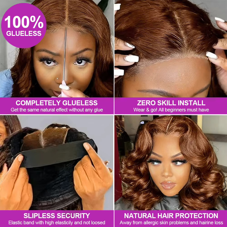 HJ WEAVE BEAUTY Bob-Perücke, Echthaar, schokoladenbraun, gewellt, 250 Dichte - Bild 3