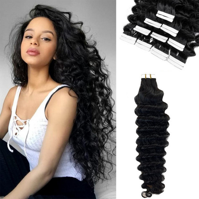 xbeauty Deep Wave Tape In Extensions, 100 % Echthaar, Deep Curly, 1B - Bild 1