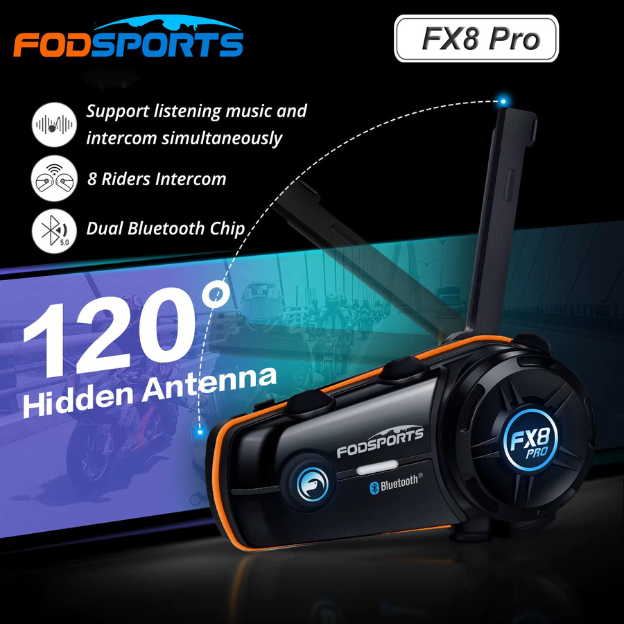 Fodsports FX8 Pro Motorradhelm-Headset mit Dual-Bluetooth-Intercom für bis zu 8 Fahrer in Schwarz - Bild 3