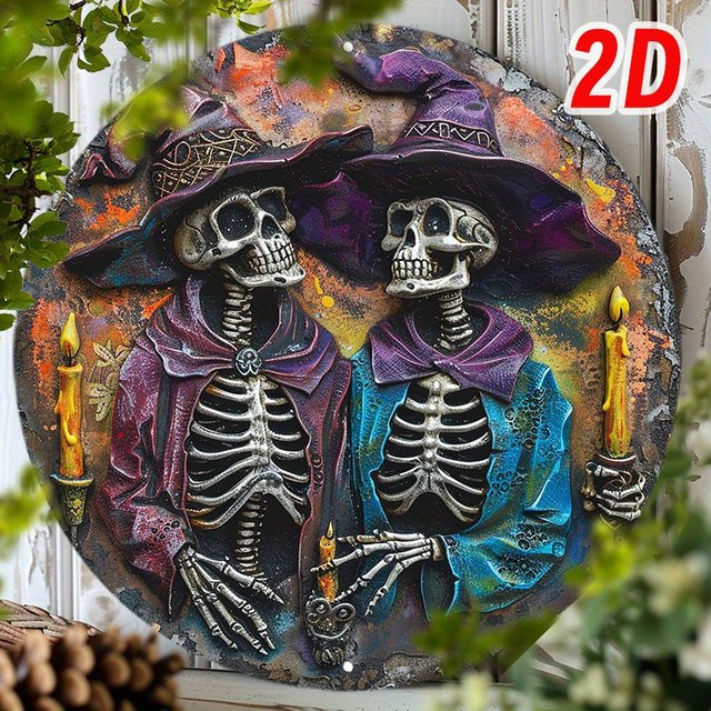 Rundes Aluminiumschild Potdemiel mit 3D-Skelett-Zauberer-Design für Halloween, Mehrfarbig, Durchmesser: 20,32 cm - Bild 1