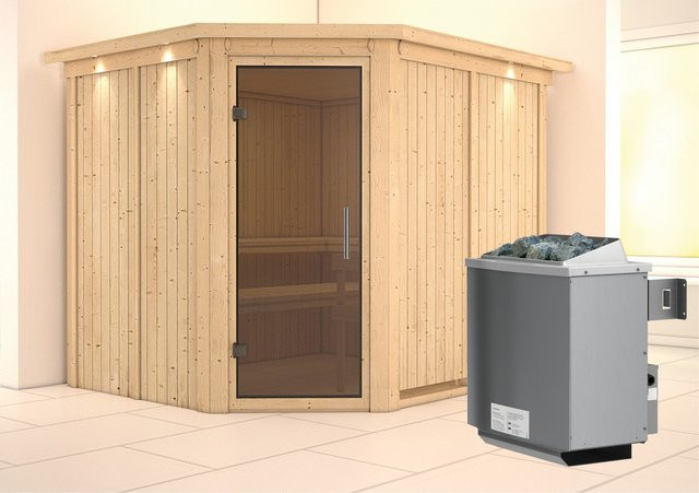 Karibu Sauna MALIN mit 9,0 kW Ofen, integrierter Steuerung, LED-Dachkranz und Ganzglastür, B/T/H: 231 x 196 x 245 cm, Farbe: Graphit/Grau/Braun - Bild 1