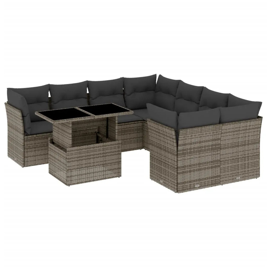 vidaXL 9-tlg. Garten-Sofagarnitur aus Poly-Rattan in Grau mit Kissen und Tisch - Bild 2
