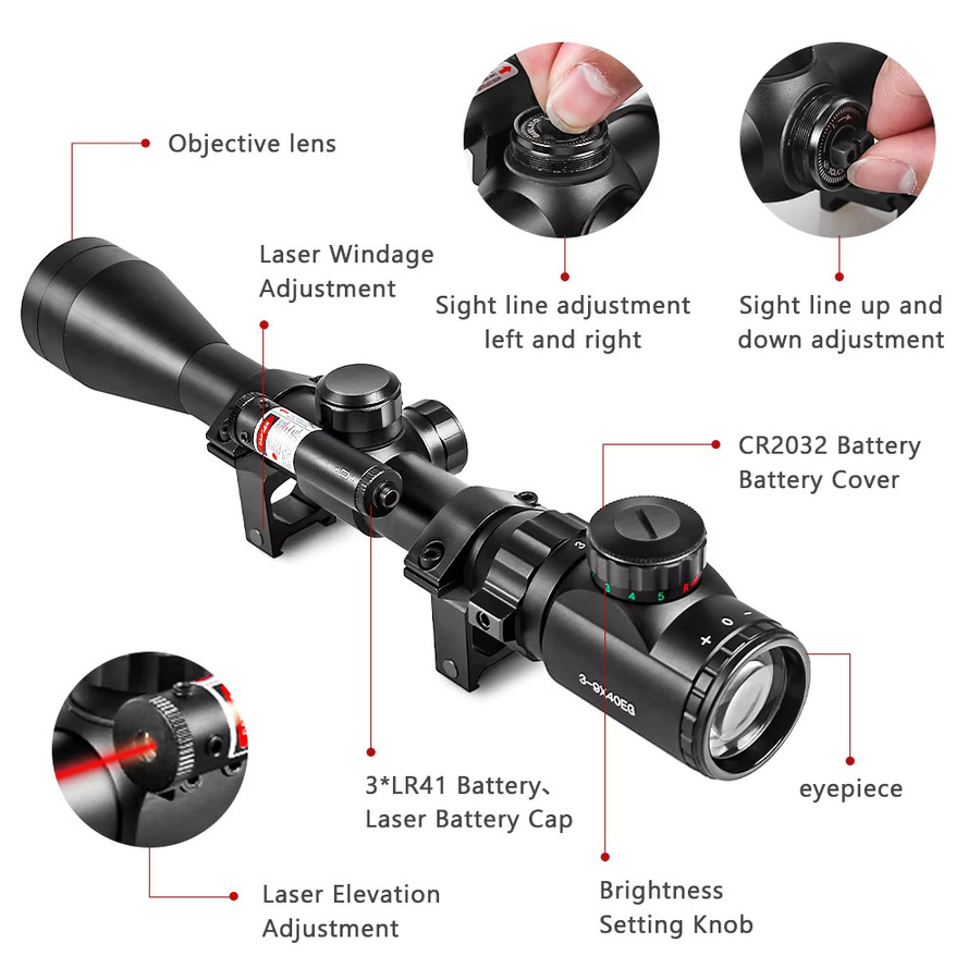 Teleskop-Zielfernrohr 3-9x40 mit rotem Laservisier in Schwarz, 2-in-1 Jagdoptik und Airsoft-Visier für 11 mm/20 mm Schiene - Bild 5