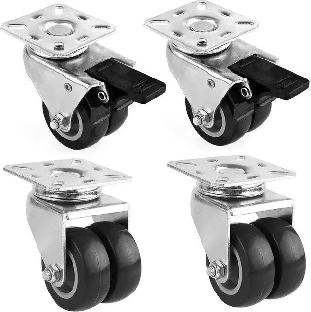 Fixkit 4er Set Doppelrollen aus Gummi mit Bremsen und Lenkfunktion, Durchmesser: 50 mm, Tragfähigkeit: 300 kg, Farbe: Silber - Bild 1