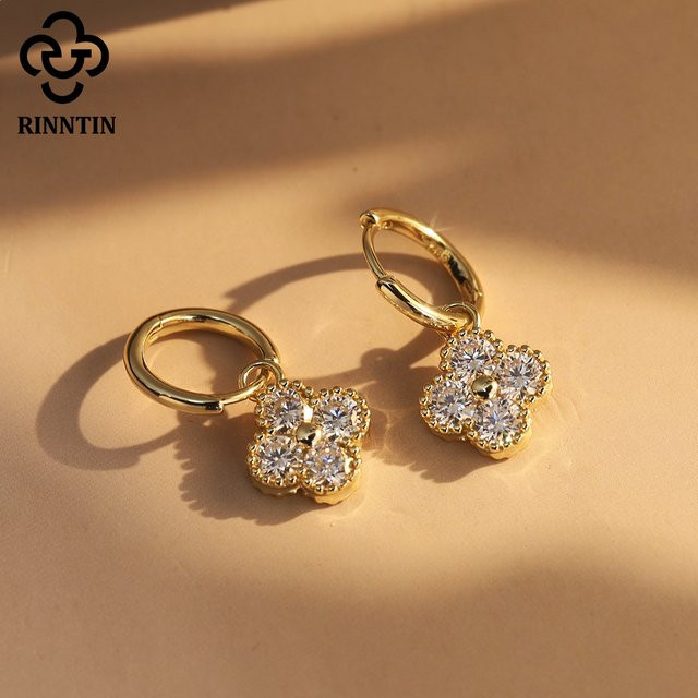 Rinntin Ohrhänger 925 Silber, Moissanit, Diamant, Kleeblatt-Blumen - Bild 1