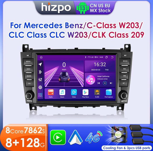 Hizpo 2Din Android 13 Auto Multimedia Player für Mercedes Benz C-Klasse W203 C180 C200 CLK W209 mit GPS, RDS und Carplay in Schwarz - Bild 1