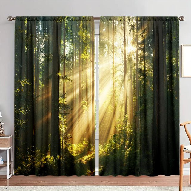 2er-Set bedruckte Vorhänge mit Waldmotiv und Sonnenlicht, halbtransparent, B: 132 cm, H: 160 cm - Bild 1
