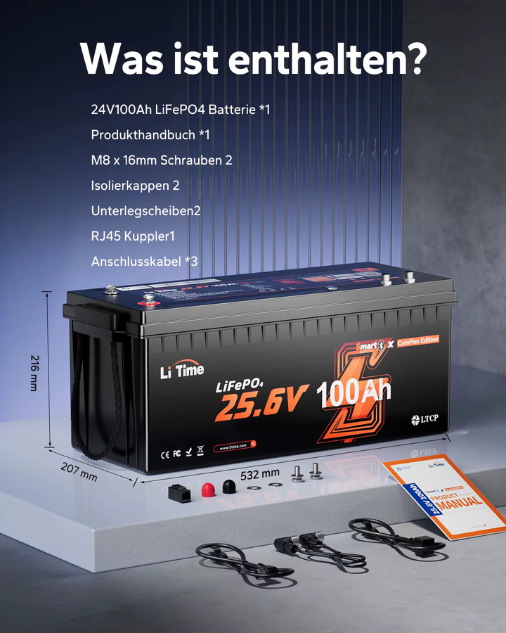 LiTime 24V 100Ah LiFePO4 Lithium Batterie mit Bluetooth, Victron kompatibel, Schwarz - Bild 5