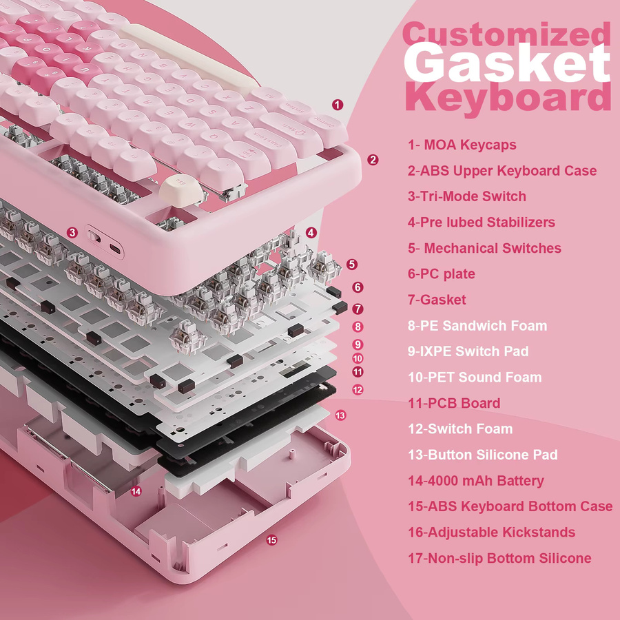 YUNZII B87 Mechanische Gaming-Tastatur in Rosa mit QMK/VIA Custom Gasket Design, kabellose RGB-Tastatur inklusive Handgelenkauflage für Win/Mac - Bild 2