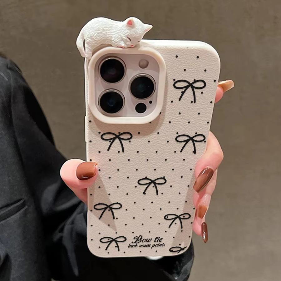 Schutzhülle mit 3D-Katzenmotiv und Schleife aus Soft Leder für Apple iPhone 17 Pro Max 16 15 14 13 12 11 Plus Air stoßfestes Cover - Bild 4