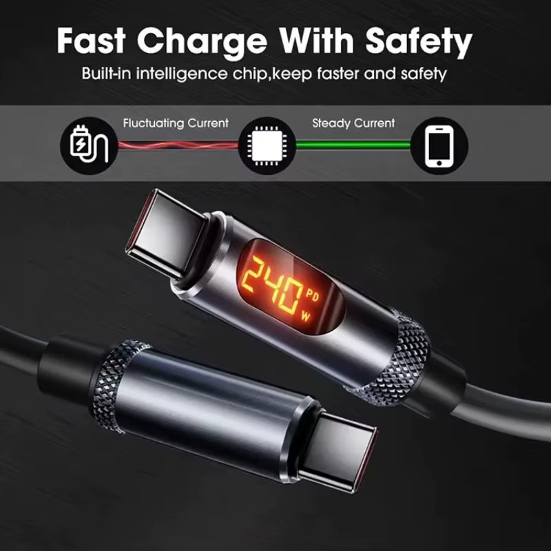 VBNM USB-C auf USB-C Schnellladekabel mit Digitalanzeige, 240 W, 480 Mbit/s, Aluminiumgehäuse, Schwarz - Bild 4