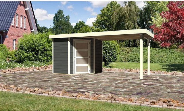 Karibu Gartenhaus Schwandorf 3 aus Holz in Terragrau mit Flachdach und Anbaudach B/H/T: 213 x 217 x 213 cm - Bild 1