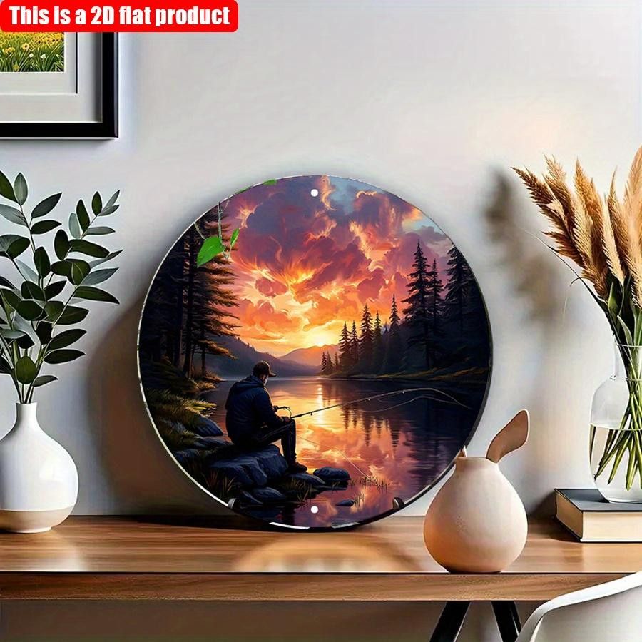 Vintage Wandkunst aus Holz mit Fischer-Landschaft und Sonnenuntergang am See, kreisförmige Hängedekoration, B/H: 20 x 20 cm - Bild 4