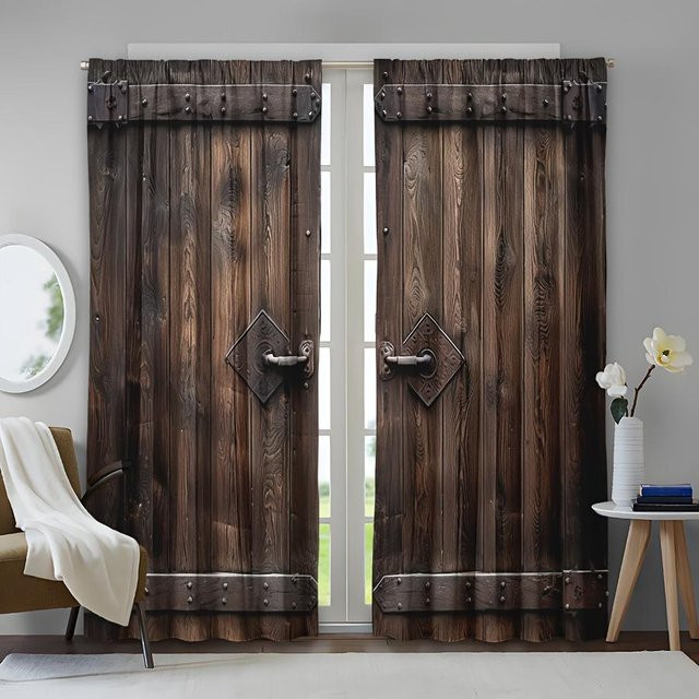 2er-Set Rustikale Vorhänge mit Türmuster von Yiran Furniture, halbtransparent, Polyester, Breite: 50 cm, Höhe: 130 cm - Bild 1