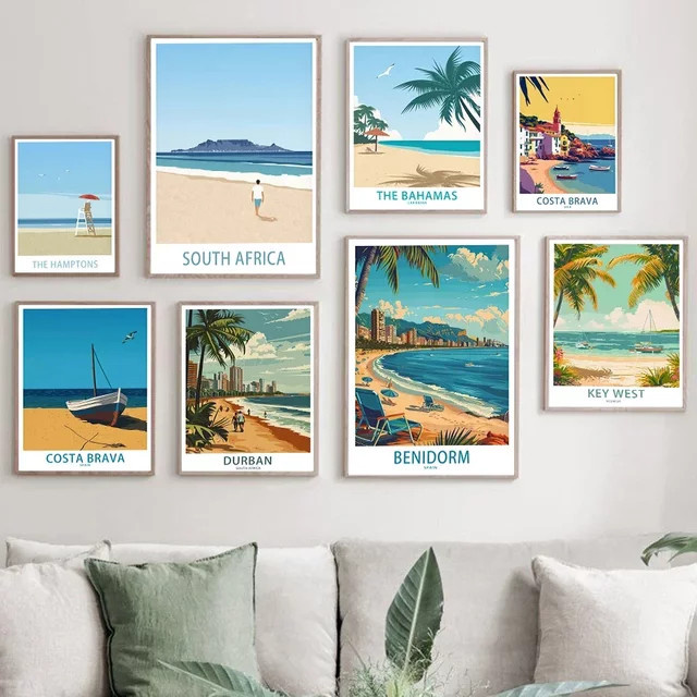 Minimalistisches Leinwand-Poster von Potdemiel mit bunter Architektur einer Küstenstadt und Strandlandschaft in Multicolor - Bild 1