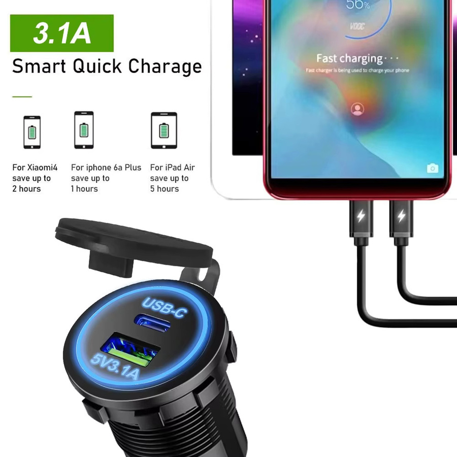 Velev Universal USB Type-C Ladegerät mit LED-Licht und Zigarettenanzünder-Steckdose für Auto, Lkw, Boot und ATV in Schwarz - Bild 2