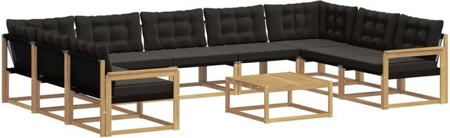 vidaXL Outdoor-Sofagarnitur in U-Form aus massivem Akazienholz mit Textilene-Bezug und Kissen, 10-teilig, Weiß-Schwarz - Bild 1