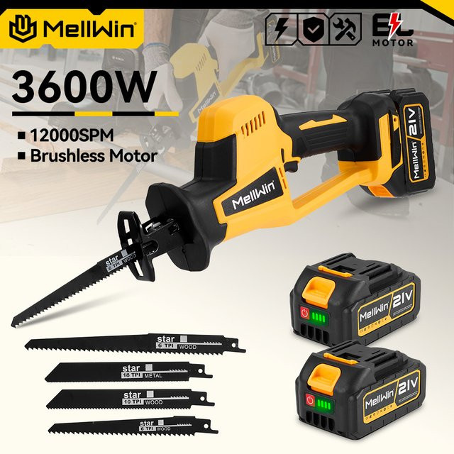 MELLWIN Akku-Säbelsäge 3600W bürstenlos mit 12000 SPM für Holz, Metall und Rohre, kompatibel mit Makita 18V LXT Akkus, Gelb - Bild 1
