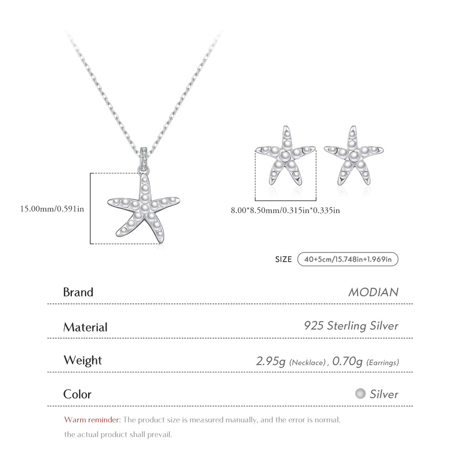 MODIAN Schmuckset, Halskette mit Anhänger, 925 Silber, Perle, Seestern-Ohrstecker, Damen - Bild 3