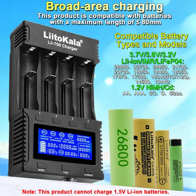 Liitokala Lii-700 Batterieladegerät in Schwarz für 18650 26650 16340 18500 Akkus mit Innenwiderstandsmessung - Bild 1