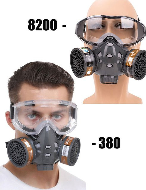Gasmasken-Atemschutzgerät mit Doppel-Kohlefiltern und Anti-Fog-Brille in Grau zum Schutz vor Pestiziden und Chemikalien - Bild 1