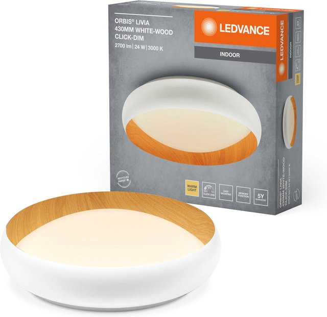 LEDVANCE ORBIS Livia LED-Deckenleuchte mit Metallring, weiß/Holzdekor, 24W, 1200lm, 3000K, Durchmesser: 43 cm, dimmbar, Warmweiß - Bild 1