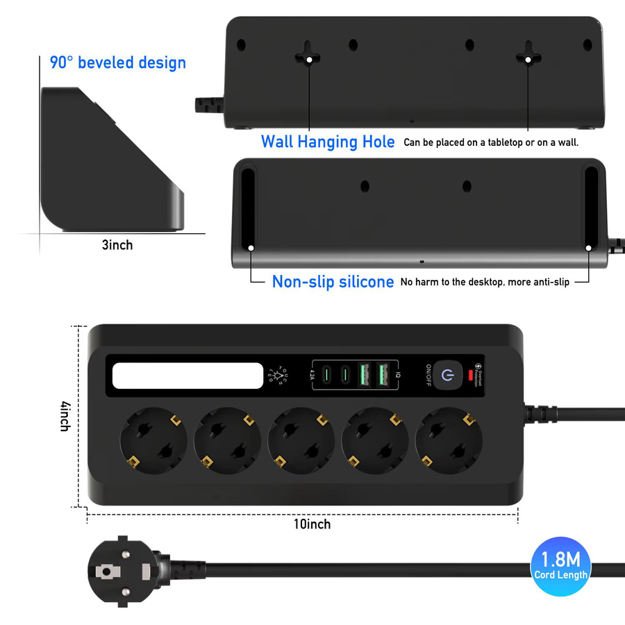 Wandmontierte Tisch-Ecksteckdose in Schwarz mit 5 Steckdosen, 2 USB-C-Anschlüssen und 90 Grad Dreieckdesign - Bild 7